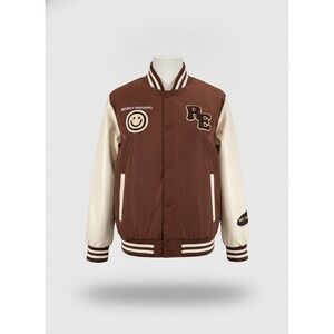 Riot Empire Mens No Bad Vibes Varsity Jacket Brown Cream XL MNJK3060-BRN-RE